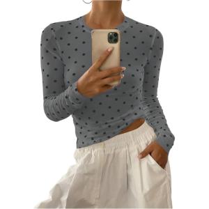 imageSHENHE Womens Polka Dots Sheer Mesh T Shirt Round Neck Slim Fitted Streetwear TopGrey