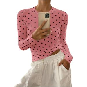imageSHENHE Womens Polka Dots Sheer Mesh T Shirt Round Neck Slim Fitted Streetwear TopPink