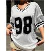 imageSHENHE Womens Oversized Short Sleeve Mesh Football Jersey Shirt V Neck Graphic Top TeeBlack
