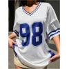 imageSHENHE Womens Oversized Short Sleeve Mesh Football Jersey Shirt V Neck Graphic Top TeeBlue