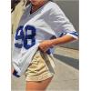 imageSHENHE Womens Oversized Short Sleeve Mesh Football Jersey Shirt V Neck Graphic Top TeeBlue