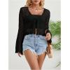 imageSHENHE Womens Sheer Hollow Out Tie Front Bell Sleeve Scalloped Crop Knit Cardigan SweaterBlack