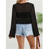 imageSHENHE Womens Sheer Hollow Out Tie Front Bell Sleeve Scalloped Crop Knit Cardigan SweaterBlack