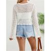 imageSHENHE Womens Sheer Hollow Out Tie Front Bell Sleeve Scalloped Crop Knit Cardigan SweaterWhite
