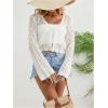 imageSHENHE Womens Sheer Hollow Out Tie Front Bell Sleeve Scalloped Crop Knit Cardigan SweaterWhite