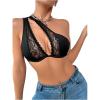 imageSHENHE Womens Contrast Lace Bralette One Shoulder Cut Out Unlined Underwire BrasBlack