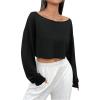 imageSHENHE Womens Long Sleeve Boat Neck Cropped Tee Drop Shoulder Casual T Shirts TopBlack