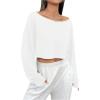imageSHENHE Womens Long Sleeve Boat Neck Cropped Tee Drop Shoulder Casual T Shirts TopWhite