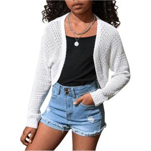 imageSHENHE Girls Hollow Out Open Front Bolero Shrug Long Sleeve Loose Cardigan SweaterWhite