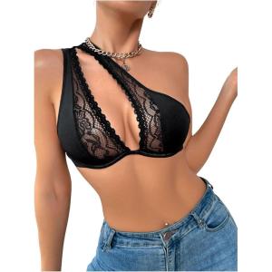 imageSHENHE Womens Contrast Lace Bralette One Shoulder Cut Out Unlined Underwire BrasBlack