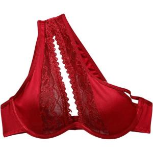 imageSHENHE Womens Contrast Lace Bralette One Shoulder Cut Out Unlined Underwire BrasRed