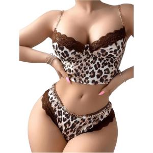 imageSHENHE Womens Leopard Print Lingerie 2 Piece Set Lace Trim Chain Bra and Panty SetBrown