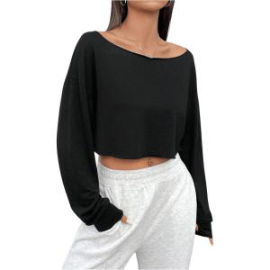imageSHENHE Womens Long Sleeve Boat Neck Cropped Tee Drop Shoulder Casual T Shirts TopBlack