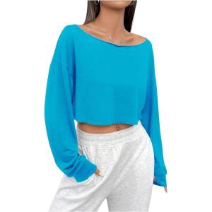 imageSHENHE Womens Long Sleeve Boat Neck Cropped Tee Drop Shoulder Casual T Shirts TopBlue