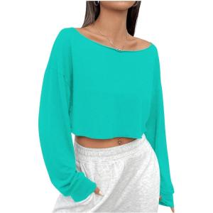 imageSHENHE Womens Long Sleeve Boat Neck Cropped Tee Drop Shoulder Casual T Shirts TopGreen