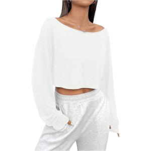imageSHENHE Womens Long Sleeve Boat Neck Cropped Tee Drop Shoulder Casual T Shirts TopWhite