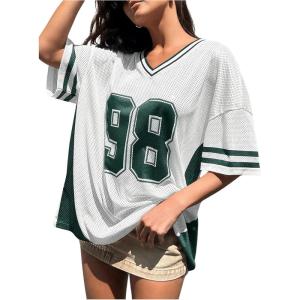 imageSHENHE Womens Oversized Short Sleeve Mesh Football Jersey Shirt V Neck Graphic Top TeeGreen
