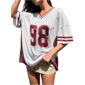 imageSHENHE Womens Oversized Short Sleeve Mesh Football Jersey Shirt V Neck Graphic Top TeeWhite
