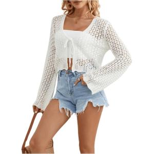 imageSHENHE Womens Sheer Hollow Out Tie Front Bell Sleeve Scalloped Crop Knit Cardigan SweaterWhite