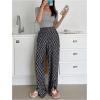 imageSHENHE Womens Checkered Pants Split Hem Straight Leg Elastic Waist Casual Loose PantsDark Grey