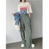 imageSHENHE Womens Checkered Pants Split Hem Straight Leg Elastic Waist Casual Loose PantsGreen Allover Print