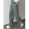 imageSHENHE Womens Checkered Pants Split Hem Straight Leg Elastic Waist Casual Loose PantsGreen Allover Print