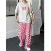 imageSHENHE Womens Checkered Pants Split Hem Straight Leg Elastic Waist Casual Loose PantsHot Pink