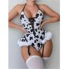 imageSHENHE Womens Cow Print Costumes Lace Up Teddy Garter Lingerie Bodysuit with Stockings Black and White Small