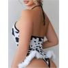 imageSHENHE Womens Cow Print Costumes Lace Up Teddy Garter Lingerie Bodysuit with Stockings Black and White Small