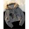 imageSHENHE Womens Faux Fur Zip Up Hoodie Skeleton Graphic Cropped Hoodie Jacket SweatshirtGrey