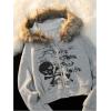 imageSHENHE Womens Faux Fur Zip Up Hoodie Skeleton Graphic Cropped Hoodie Jacket SweatshirtLight Grey