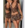 imageSHENHE Womens Sexy Y2k 2 Piece Outfits Leopard Halter Crop Top Layered Ruffle Mini Skirt SetBrown