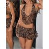 imageSHENHE Womens Sexy Y2k 2 Piece Outfits Leopard Halter Crop Top Layered Ruffle Mini Skirt SetBrown
