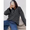 imageSHENHE Womens Striped Long Sleeve Button Up Ribbed Knit Oversized Sweater TopsBlack and White