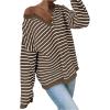 imageSHENHE Womens Striped Long Sleeve Button Up Ribbed Knit Oversized Sweater TopsKhaki Multi