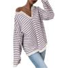 imageSHENHE Womens Striped Long Sleeve Button Up Ribbed Knit Oversized Sweater TopsPurple
