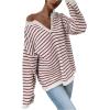 imageSHENHE Womens Striped Long Sleeve Button Up Ribbed Knit Oversized Sweater TopsRed and White