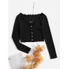imageSHENHE Womens V Neck Button Up Long Sleeve Lettuce Trim Ribbed Crop Tops T ShirtsBlack
