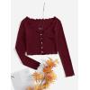 imageSHENHE Womens V Neck Button Up Long Sleeve Lettuce Trim Ribbed Crop Tops T ShirtsBurgundy