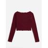imageSHENHE Womens V Neck Button Up Long Sleeve Lettuce Trim Ribbed Crop Tops T ShirtsBurgundy