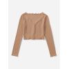 imageSHENHE Womens V Neck Button Up Long Sleeve Lettuce Trim Ribbed Crop Tops T ShirtsKhaki
