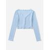 imageSHENHE Womens V Neck Button Up Long Sleeve Lettuce Trim Ribbed Crop Tops T ShirtsLight Blue