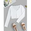 imageSHENHE Womens V Neck Button Up Long Sleeve Lettuce Trim Ribbed Crop Tops T ShirtsWhite