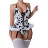 imageSHENHE Womens Cow Print Costumes Lace Up Teddy Garter Lingerie Bodysuit with Stockings Black and White Small