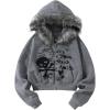 imageSHENHE Womens Faux Fur Zip Up Hoodie Skeleton Graphic Cropped Hoodie Jacket SweatshirtGrey