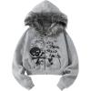 imageSHENHE Womens Faux Fur Zip Up Hoodie Skeleton Graphic Cropped Hoodie Jacket SweatshirtLight Grey