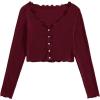 imageSHENHE Womens V Neck Button Up Long Sleeve Lettuce Trim Ribbed Crop Tops T ShirtsBurgundy