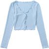 imageSHENHE Womens V Neck Button Up Long Sleeve Lettuce Trim Ribbed Crop Tops T ShirtsLight Blue