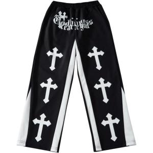 imageSHENHE Boys Y2K Pants Cross Print Elastic Waist Drawstring Wide Leg Pocket Athletic SweatpantsBlack