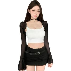 imageSHENHE Womens 2 Piece Set Mesh Sheer Flare Sleeve Bolero Shrug and Crop Camisole TopBlack